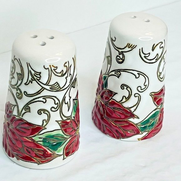 In Home Style Red Floral Poinsettia Salt & Pepper Christmas Set - Picture 5 of 11